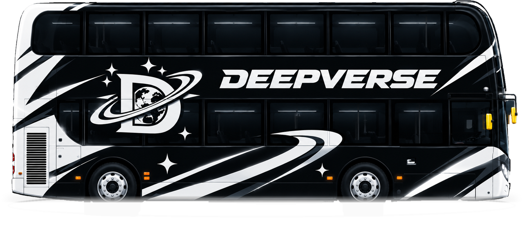 DeepVerse black-and-white galaxy-liveried double-decker bus with glowing white ring